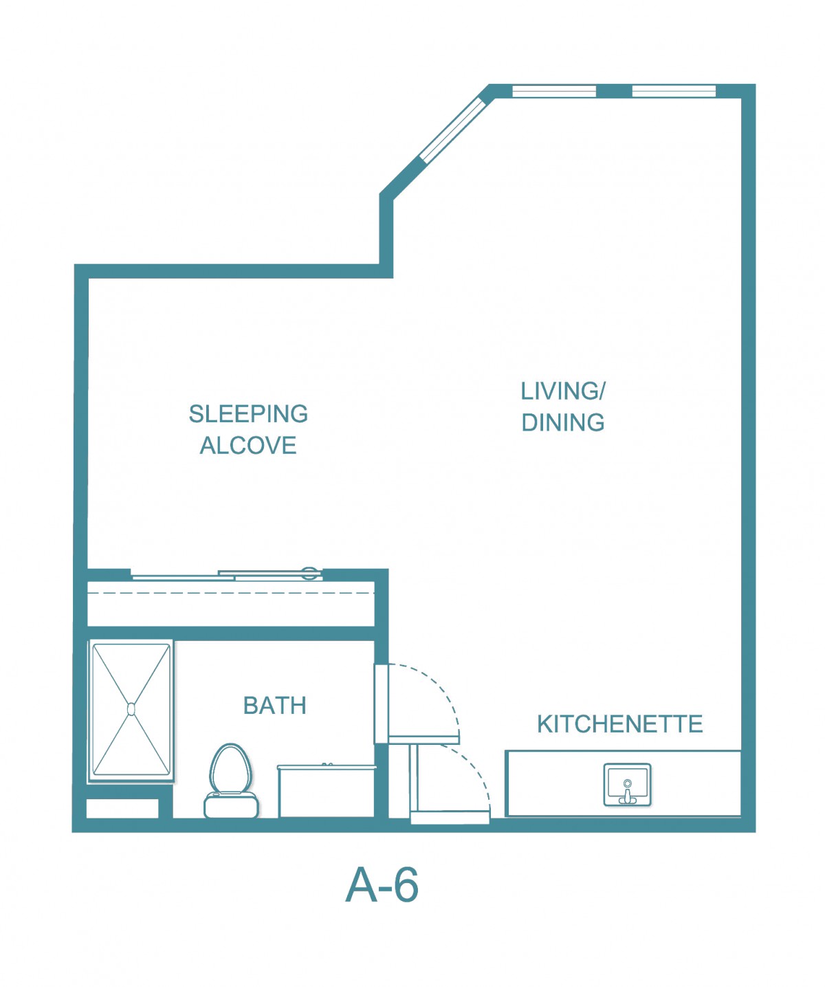 A basic floor plan of a studio apartment with a sleeping alcove, living/dining area, bath, and kitchenette.