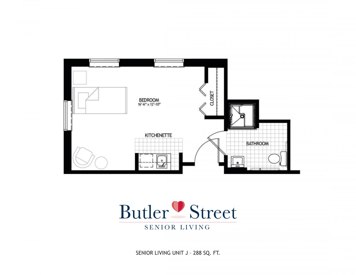 A floor plan for a studio apartment at Butler Street Senior Living, featuring a kitchen, living area, and bathroom.
