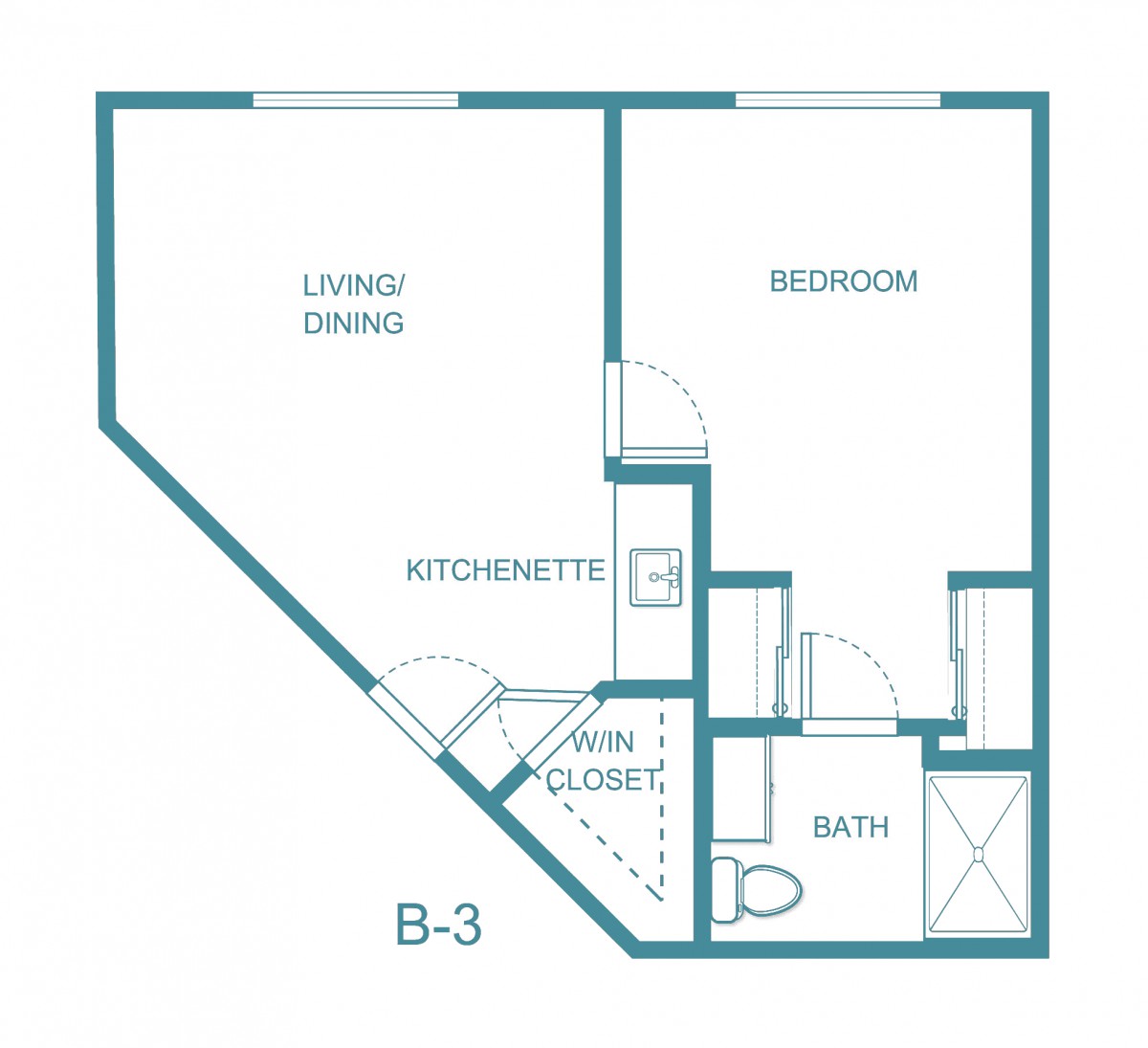 A detailed floor plan of a one-bedroom apartment featuring a living/dining area, kitchenette, walk-in closet, and bathroom.