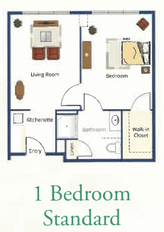 A floor plan of a 1-bedroom apartment featuring a living room, bedroom, bathroom, walk-in closet, and entryway.