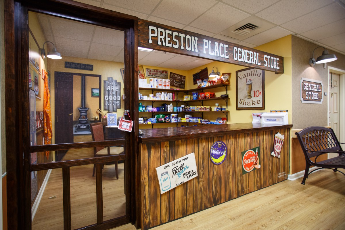 A retro-themed general store interior with wooden shelving and vintage signs.