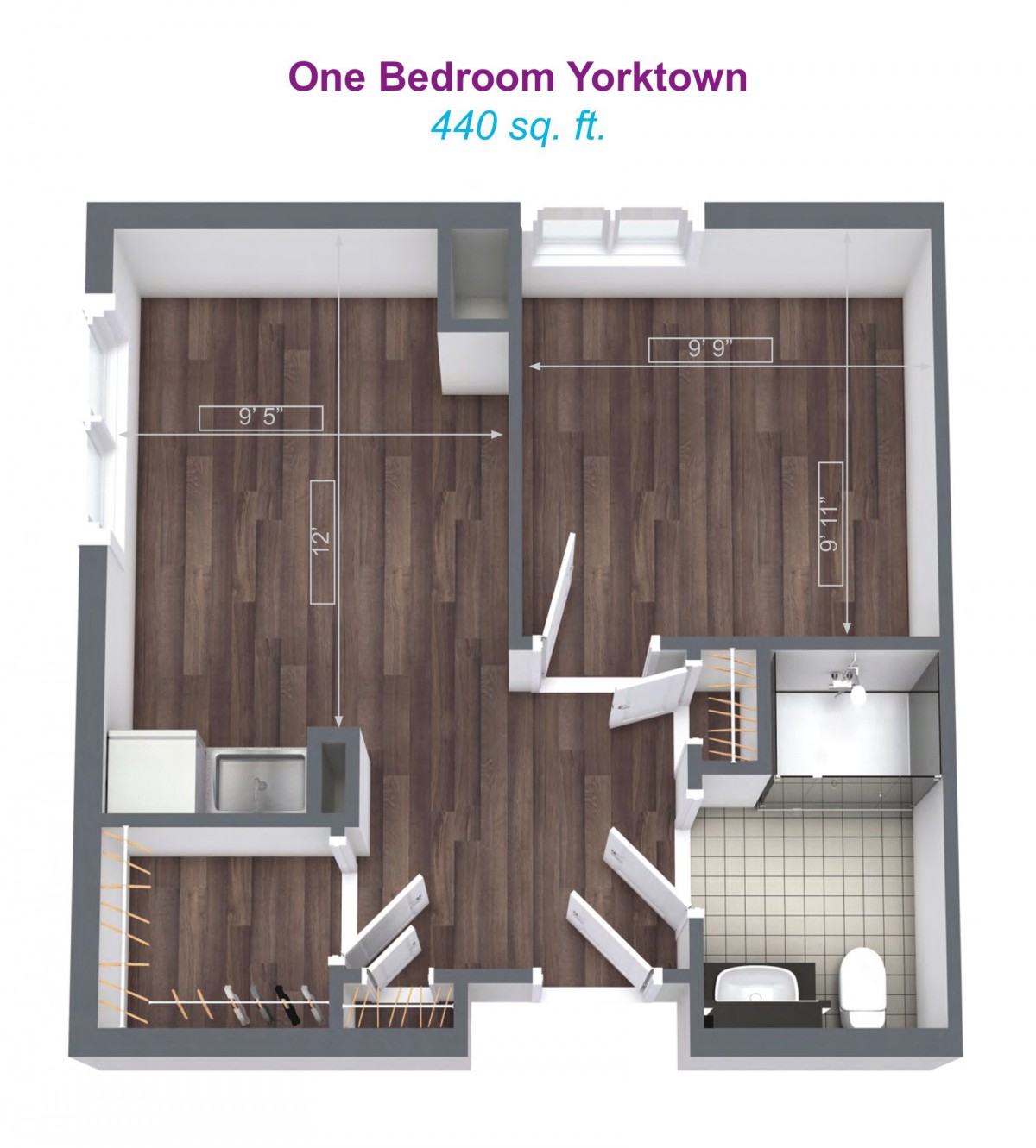 Floor plan of a one-bedroom Yorktown apartment with an area of 440 square feet.