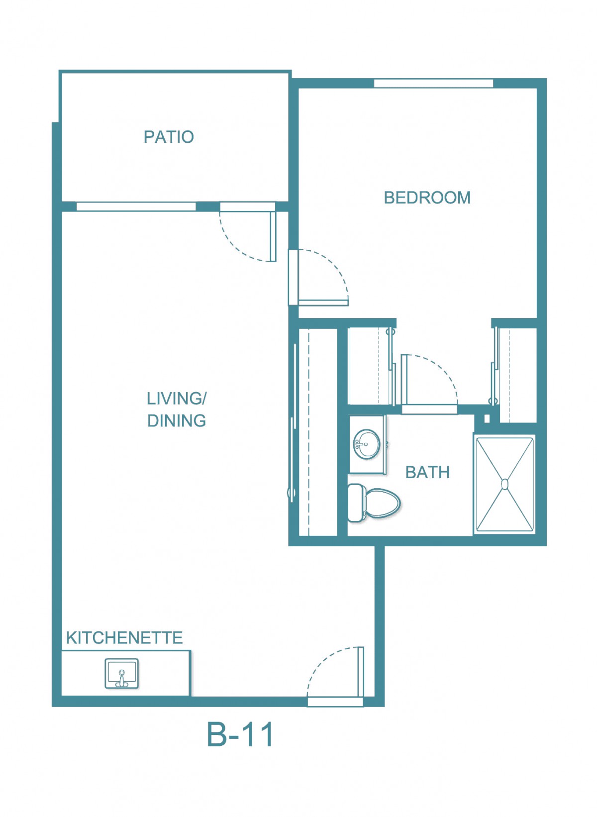 One-bedroom apartment floor plan with kitchen, living/dining area, bathroom, and patio.