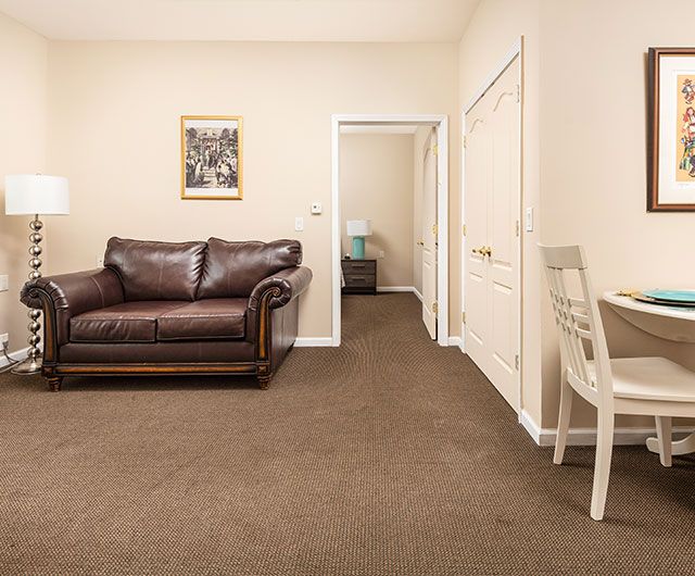 A cozy living room featuring a brown leather sofa, a carpeted floor, and an adjacent doorway leading to another room.