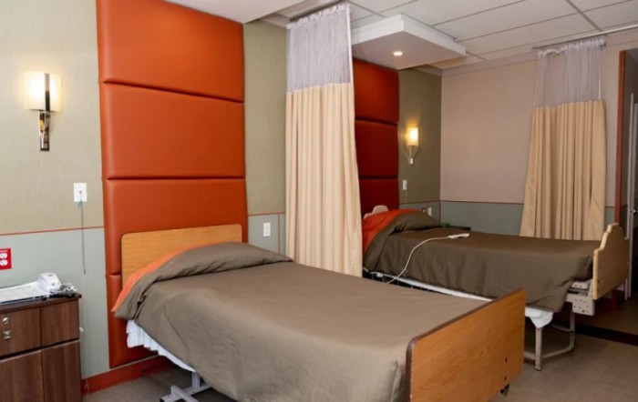 A hospital room featuring two beds separated by a privacy curtain.