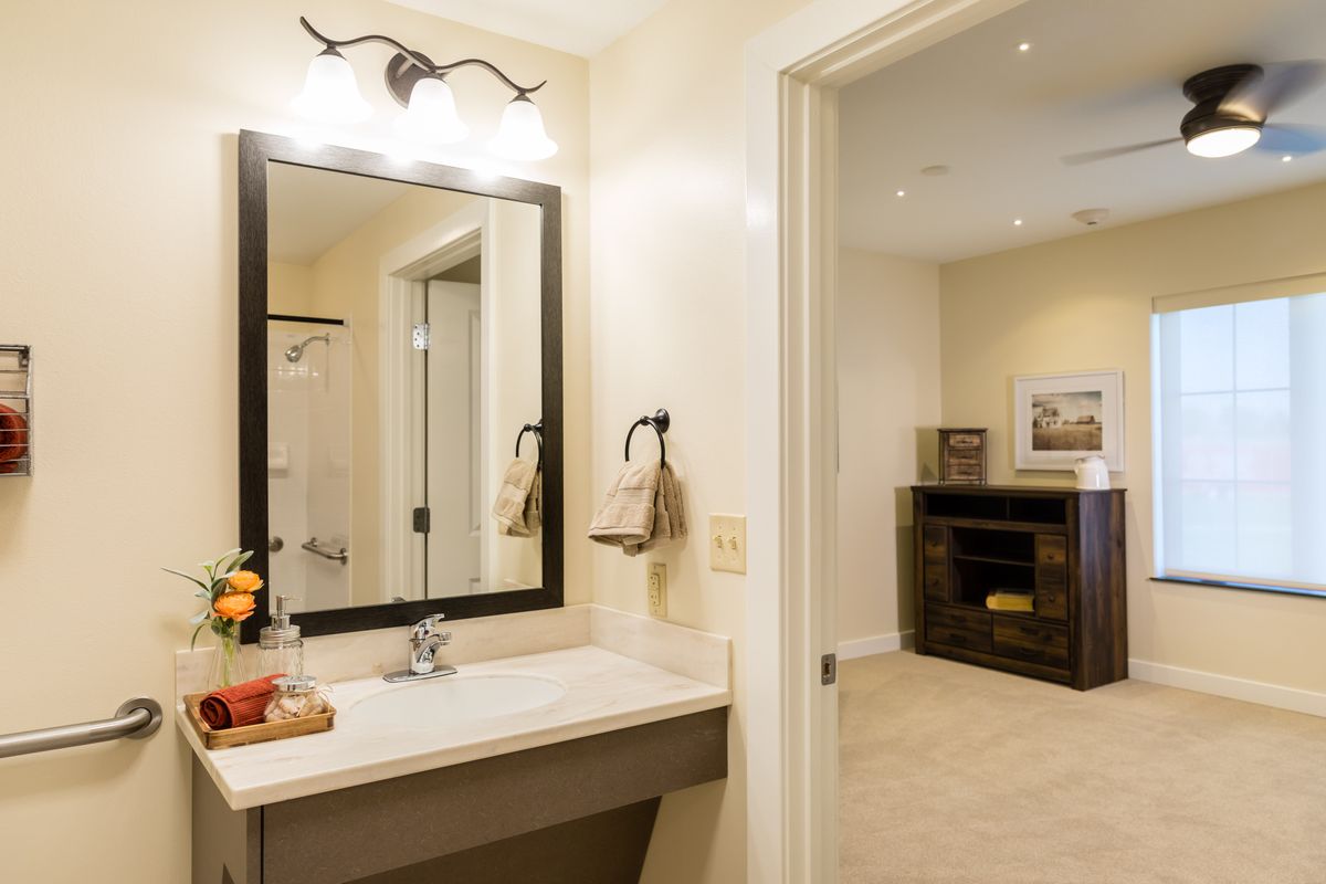 A modern bathroom with a sleek sink and mirror, connected to a cozy living space.