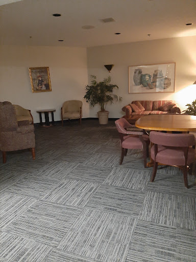 A cozy seating area featuring a round table, plush chairs, and decorative plants.