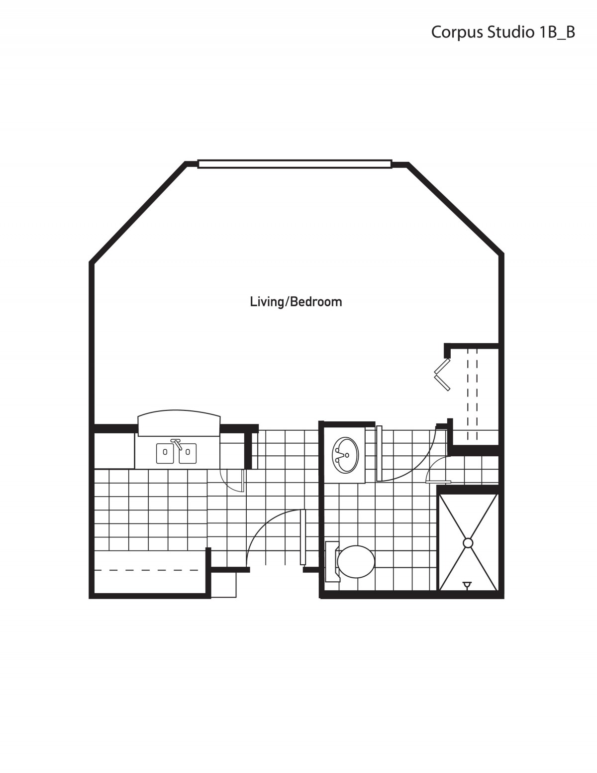 Studio apartment floor plan with a living area, kitchen, and bathroom.