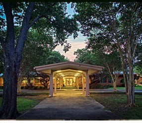 An illuminated building entrance with a pathway surrounded by trees at dusk.
