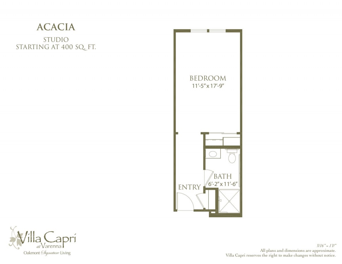 Acacia studio apartment floor plan layout.
