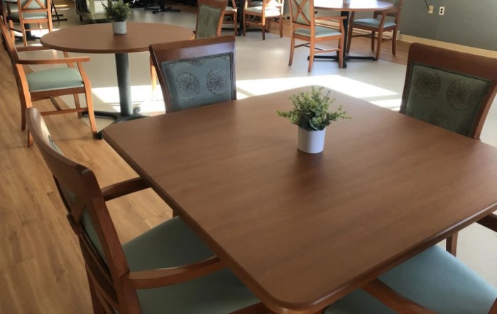 A dining area with a wooden table and chairs, featuring a small potted plant as a centerpiece.
