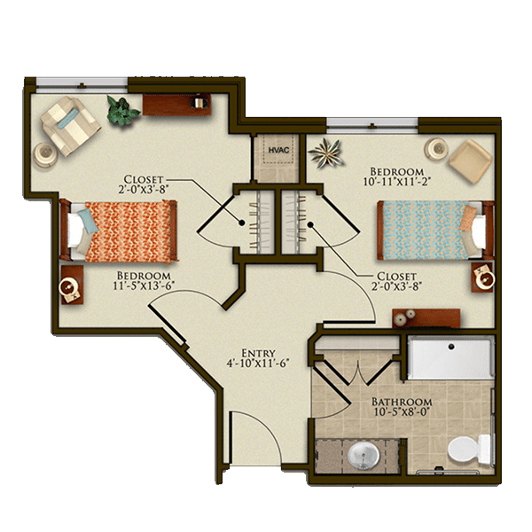 A two-bedroom apartment floor plan with a living room, kitchen, and bathroom.