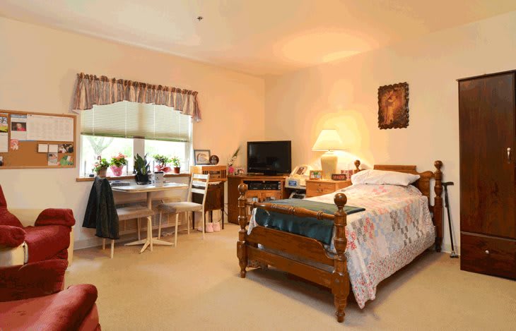 A cozy, traditional bedroom with a wooden bed, television, and a window letting in natural light.
