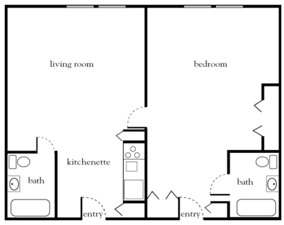 A simple floor plan of a one-bedroom apartment with labeled rooms.