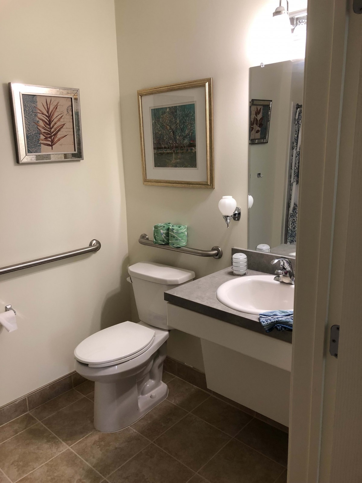 A well-lit bathroom with a toilet, sink, and wall art.