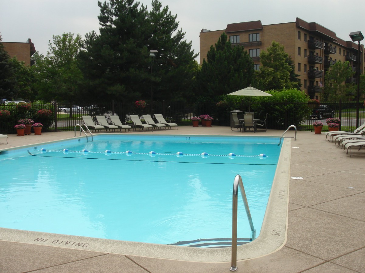 An inviting outdoor swimming pool surrounded by lounge chairs and shaded seating.