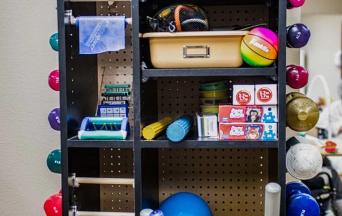 A storage shelf filled with various sports equipment and supplies.