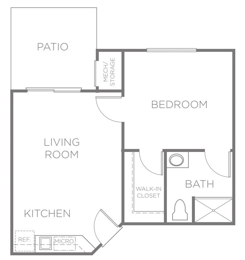 A simple floor plan of a one-bedroom apartment with a living room, kitchen, bathroom, and patio.