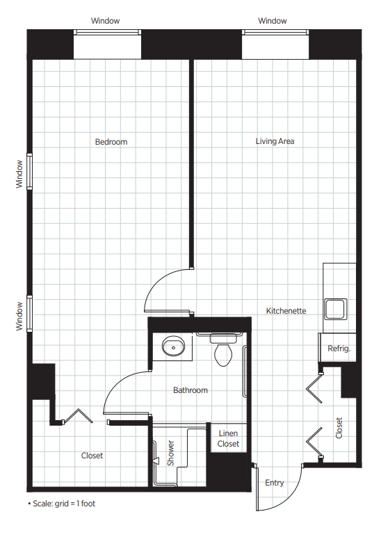 This image shows a floor plan of a one-bedroom apartment with marked areas for the bedroom, living area, kitchen, bathroom, and laundry closet.