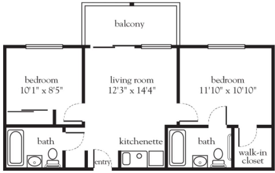 A floor plan showcasing an apartment layout with two bedrooms, a living room, kitchenette, and balcony.