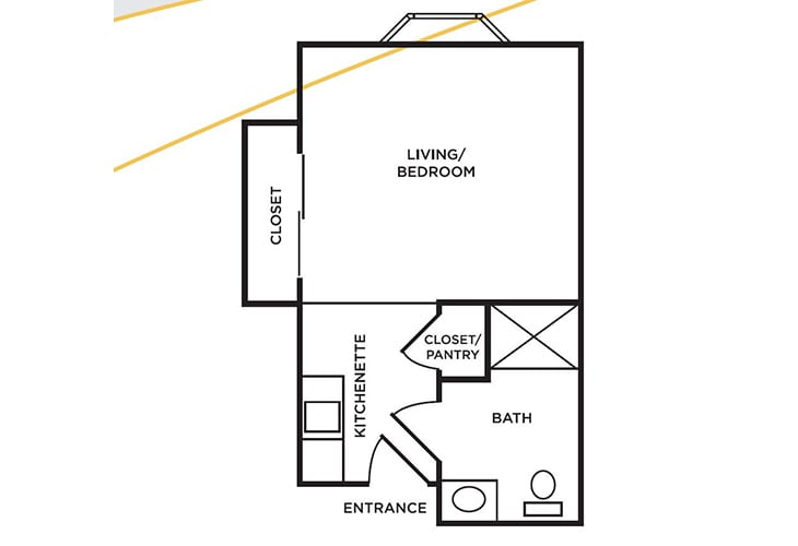 Studio apartment floor plan with a combined living/bedroom area, kitchenette, closet/pantry, and bathroom.