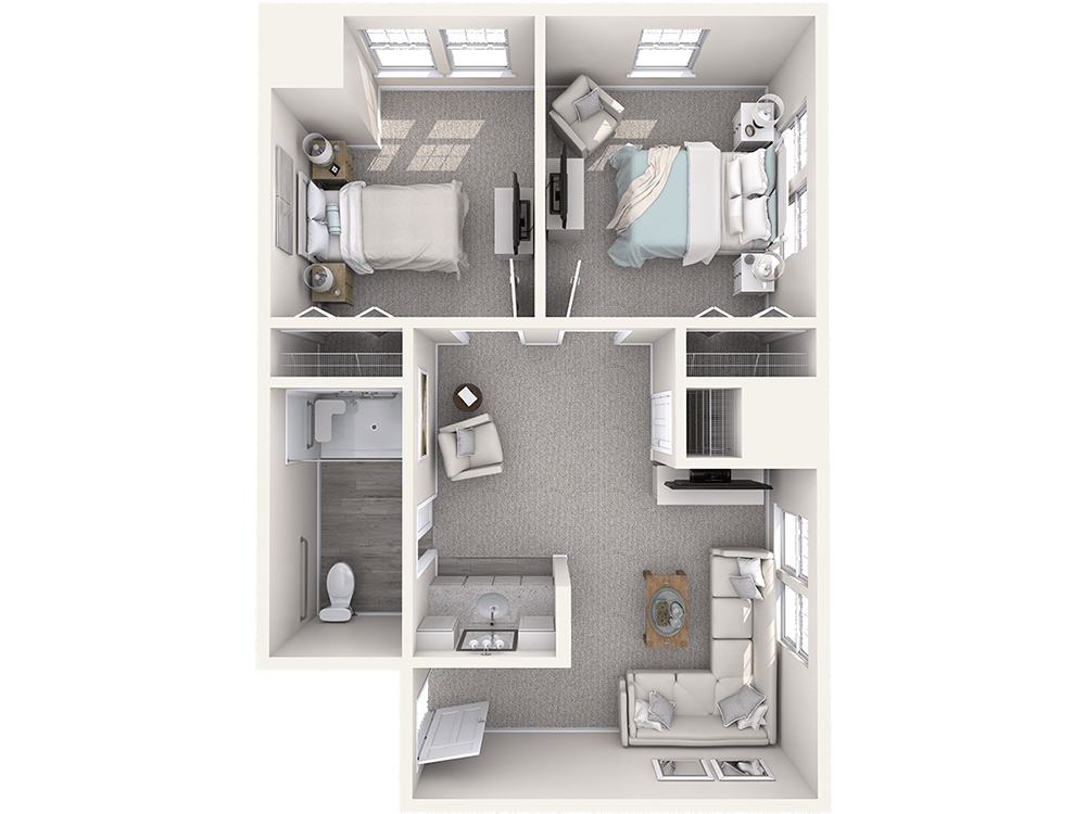 3D rendering of a modern two-bedroom apartment floor plan.