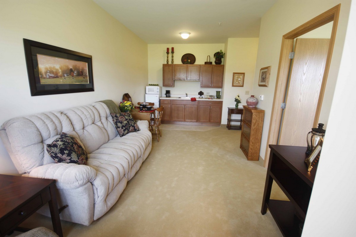 A cozy living area with a sofa and kitchenette, featuring warm decor and carpeting.