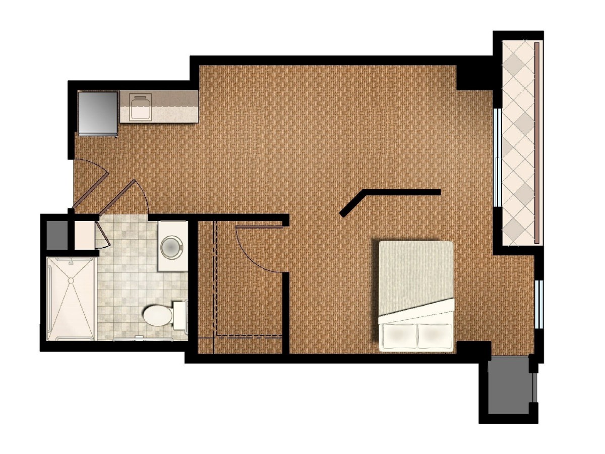A detailed floor plan of a one-bedroom apartment, including a kitchen, bathroom, and living area.