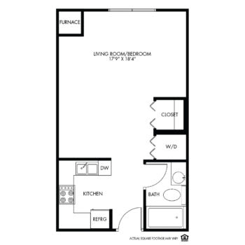A floor plan of a studio apartment with designated spaces for living, kitchen, and bathroom.