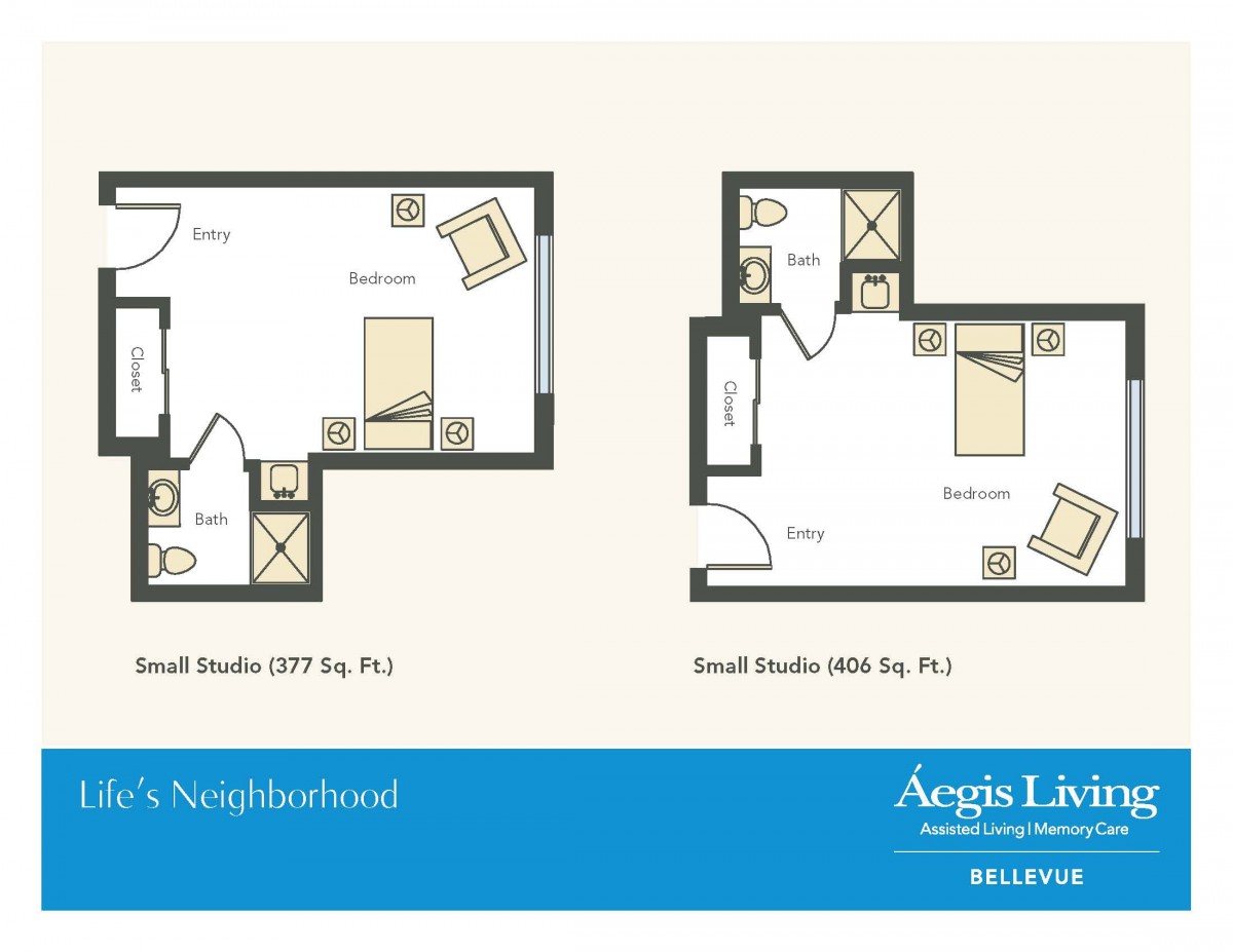 Floor plans of small studio apartments, offering layout details for potential buyers.