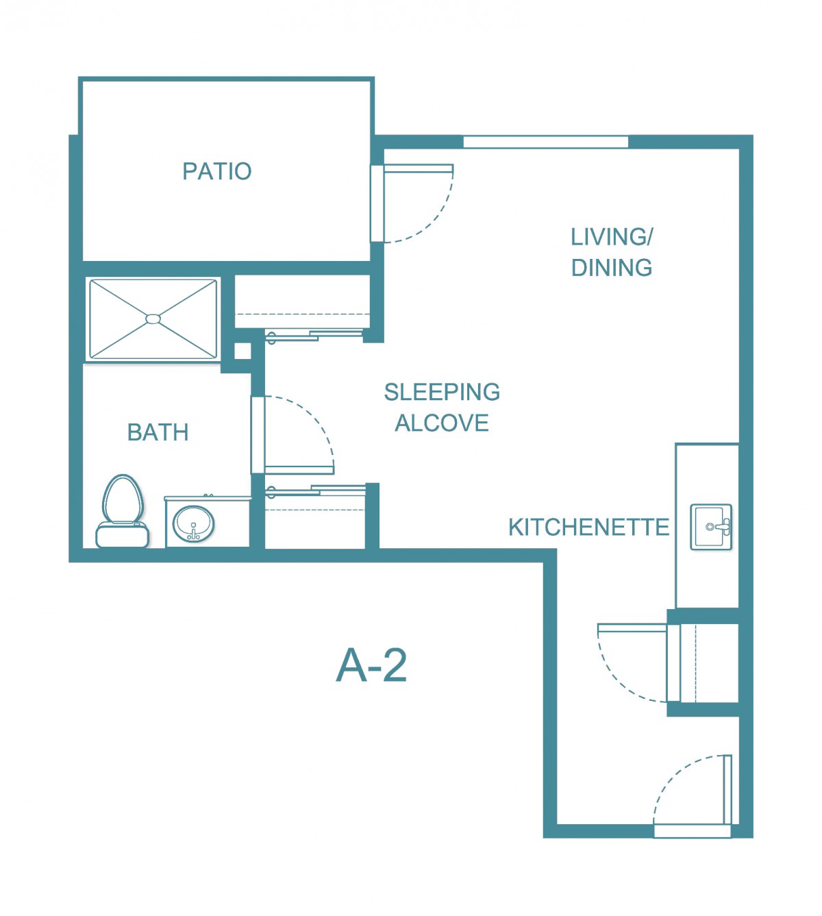 A studio apartment floor plan featuring a living/dining area, kitchenette, sleeping alcove, bath, and patio.