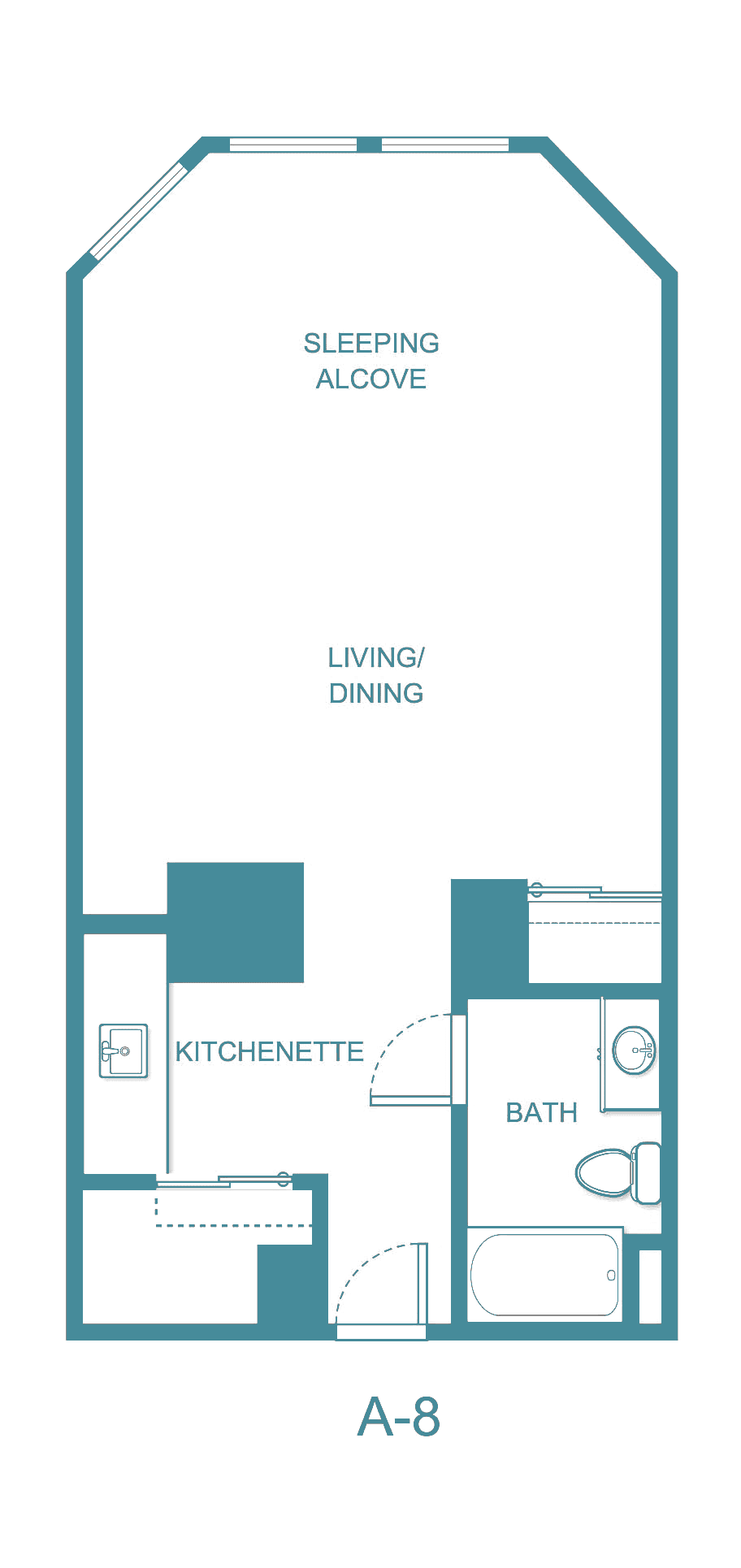 A floor plan of a studio apartment featuring a kitchenette, bathroom, and living/dining area.