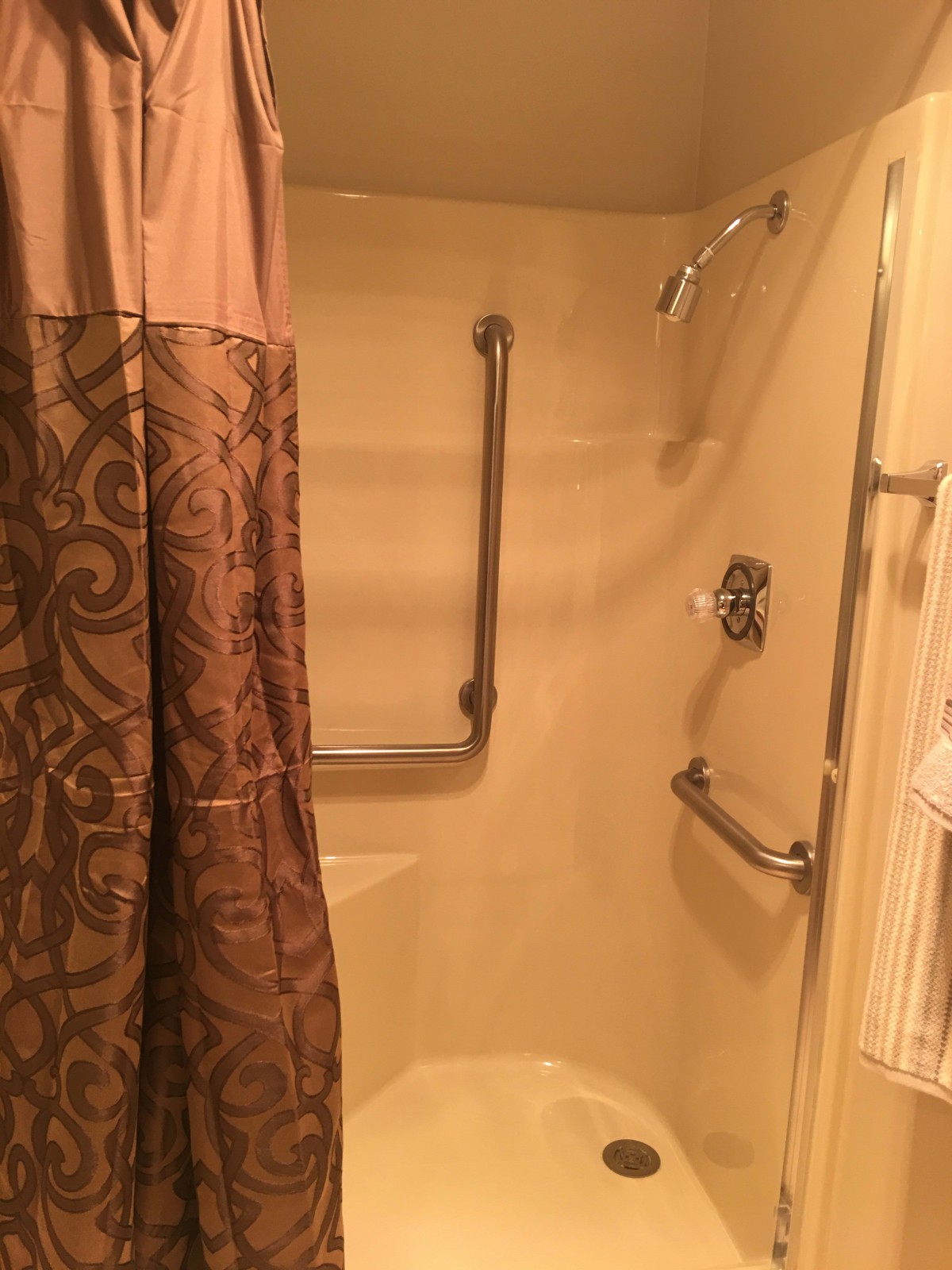 A bathroom with a shower equipped with grab bars and a decorative curtain.
