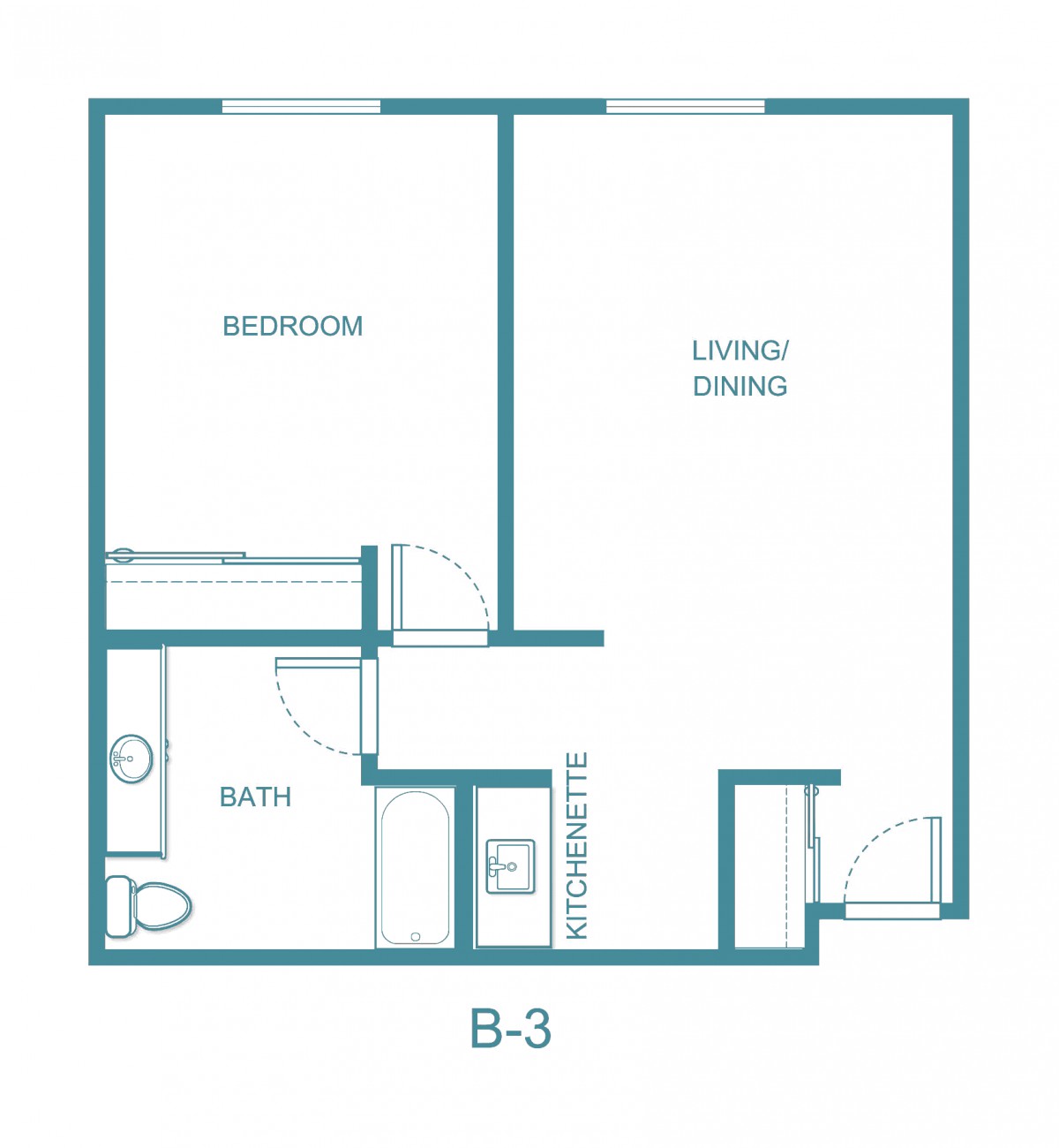 A simple one-bedroom apartment floor plan with a bathroom, kitchen, and living/dining area.