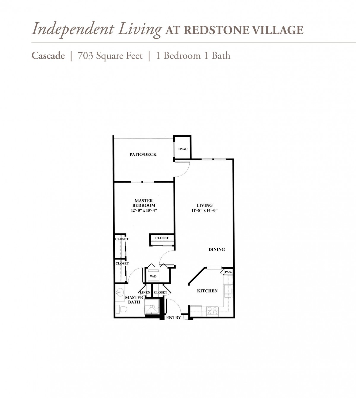 Floor plan for a one-bedroom, one-bathroom independent living unit at Redstone Village.
