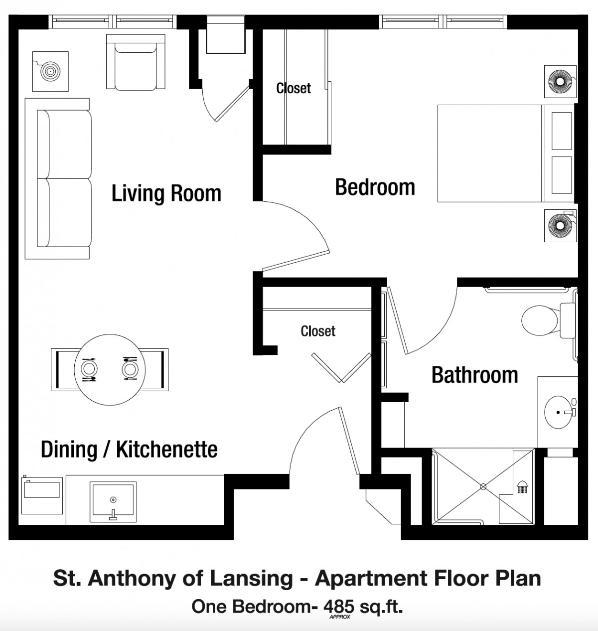 One-bedroom apartment floor plan with living room, dining/kitchenette area, bedroom, and bathroom.