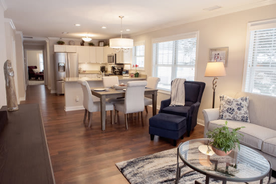A modern open-concept living space featuring a cozy living room, dining area, and kitchen with hardwood floors.