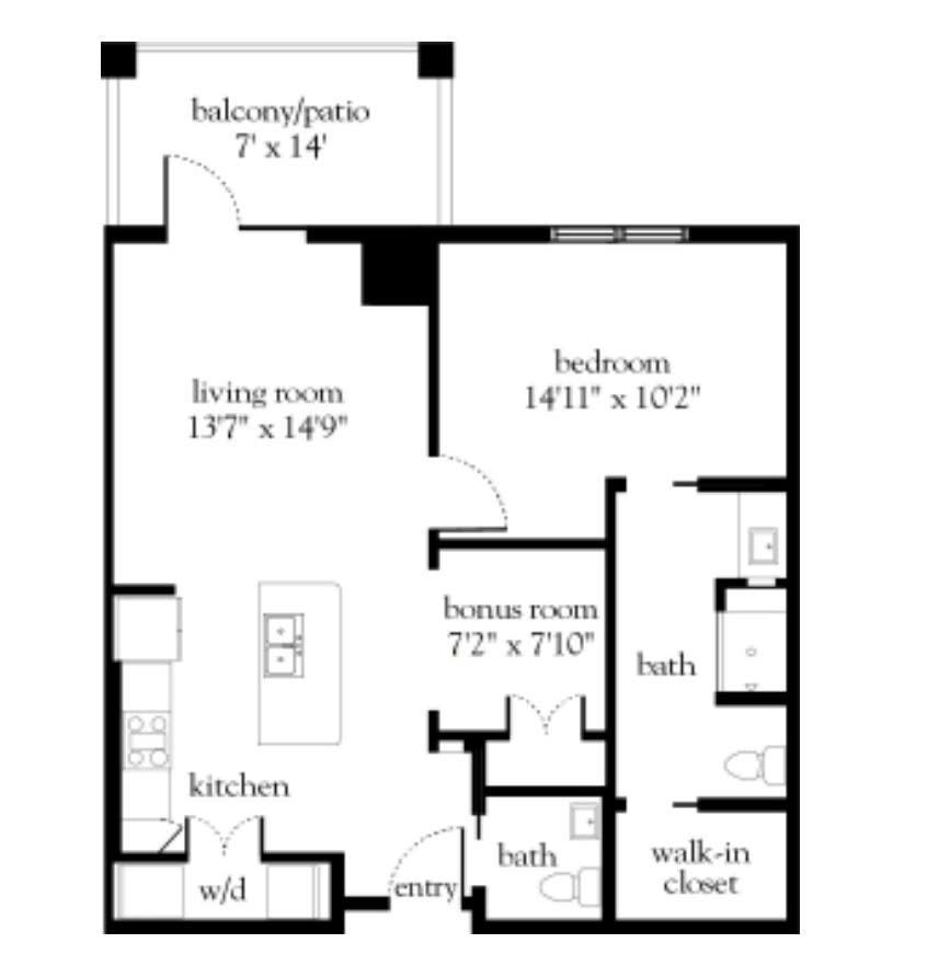 A floor plan of a one-bedroom, two-bathroom apartment with a balcony, living room, kitchen, and a walk-in closet.