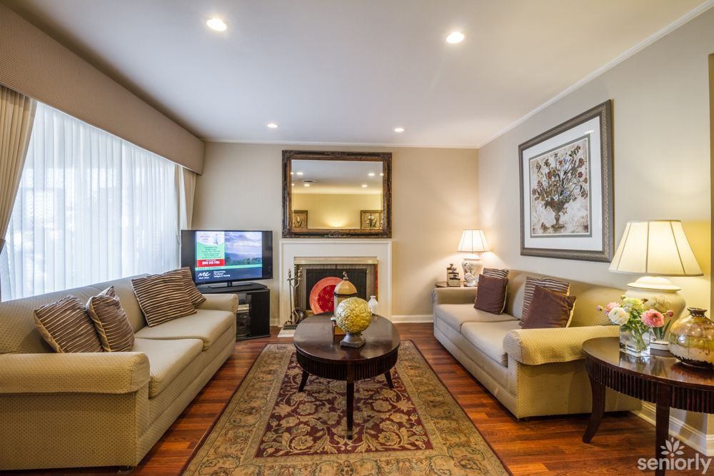 A cozy living room with elegant decor, featuring sofas around a coffee table, a fireplace, and a television.
