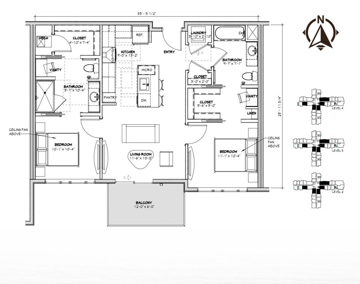 A detailed floor plan of an apartment showing two bedrooms, a living area, kitchen, and bathrooms.