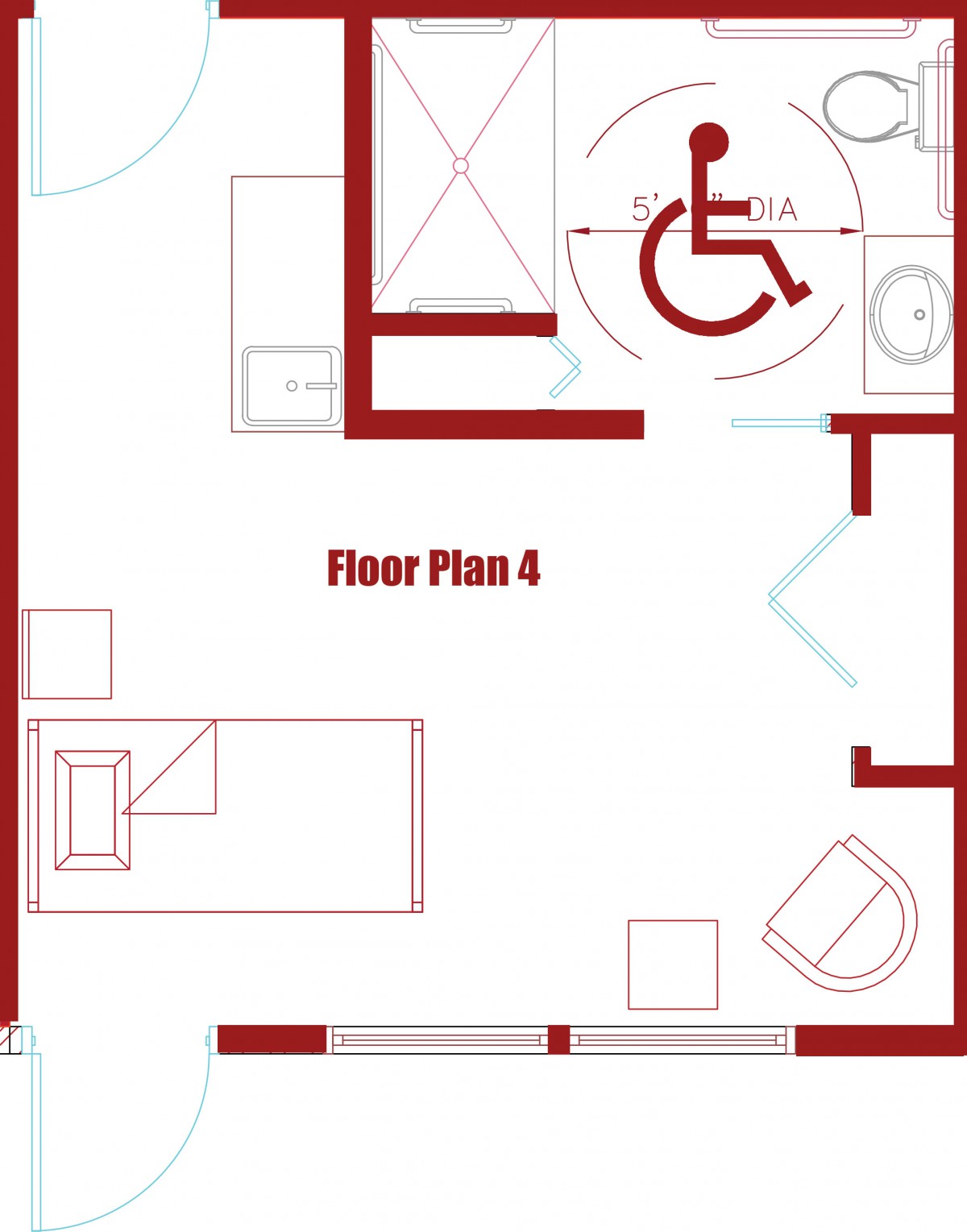 An accessible floor plan featuring a wheelchair-accessible bathroom layout.