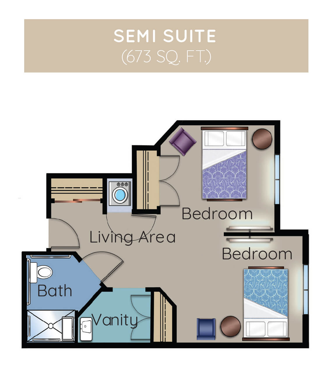 Semi Suite Floor Plan with Two Bedrooms, Living Area, Bath, and Vanity.