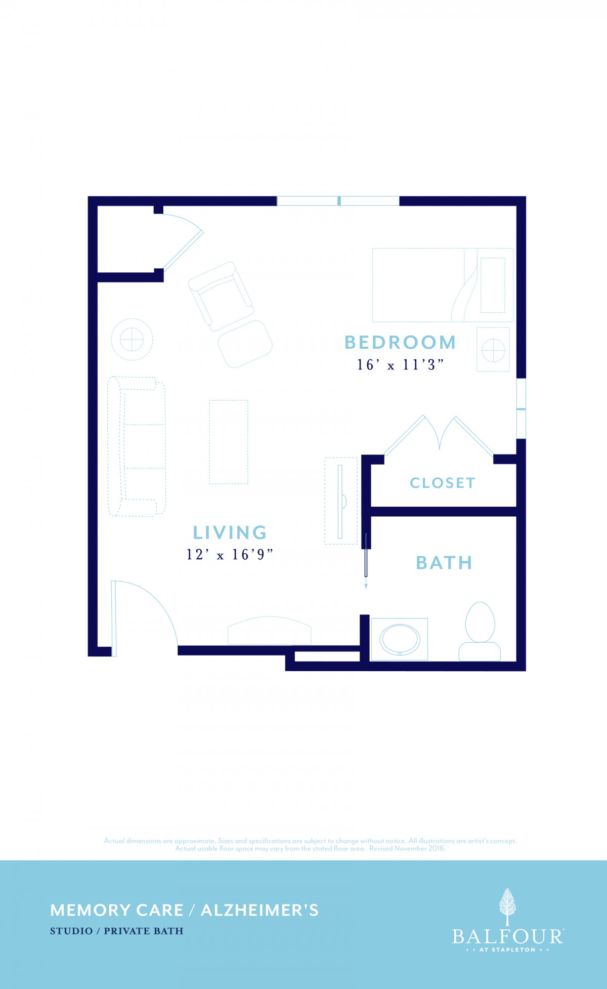 This image shows a one-bedroom apartment floor plan with designated areas for living, sleeping, and a bathroom.