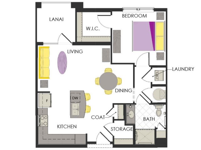A detailed floor plan of a one-bedroom apartment featuring a living room, kitchen, dining area, bathroom, walk-in closet, and lanai.