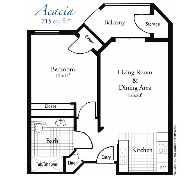 One-bedroom apartment floor plan labeled 'Acacia' with a living room, kitchen, bathroom, and balcony.