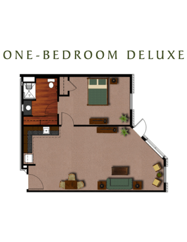 A layout of a one-bedroom deluxe apartment floor plan.