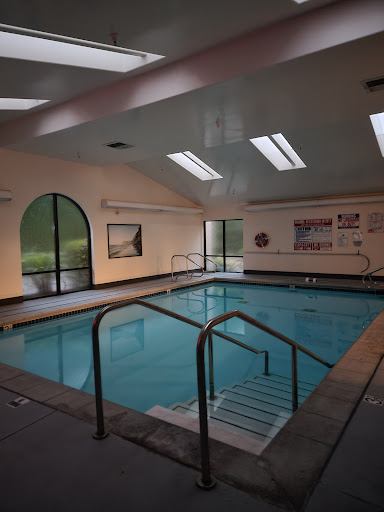A serene indoor swimming pool with ample natural light.