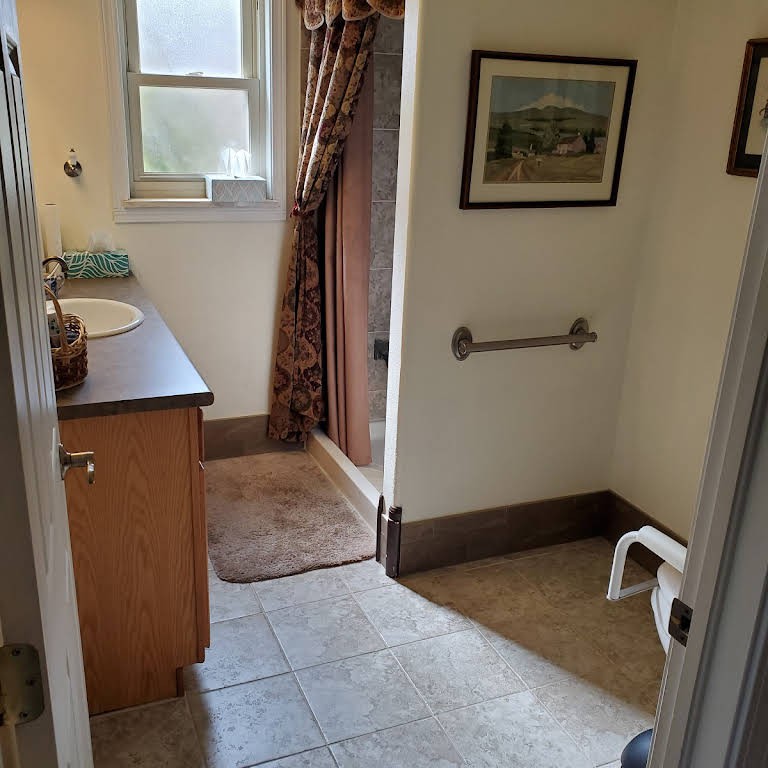 A cozy bathroom with a sink, shower curtain, and decorative elements.