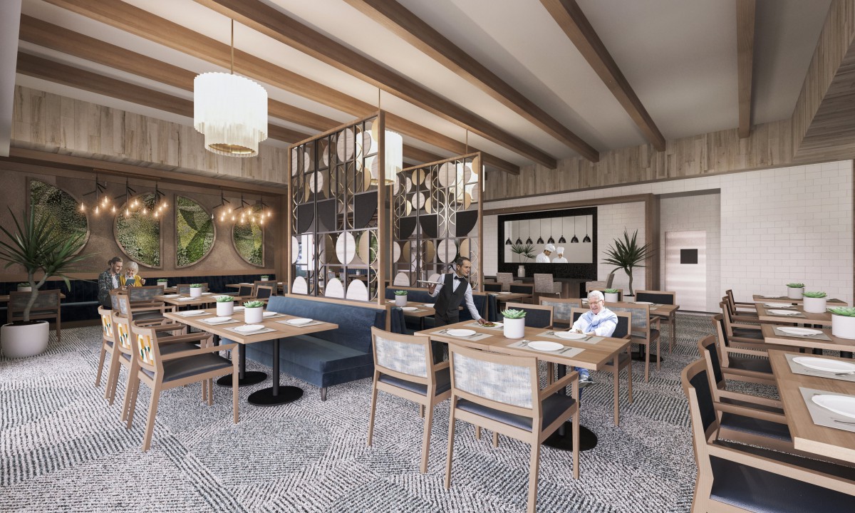 A modern restaurant interior with elegant wooden accents and a stylish seating arrangement.