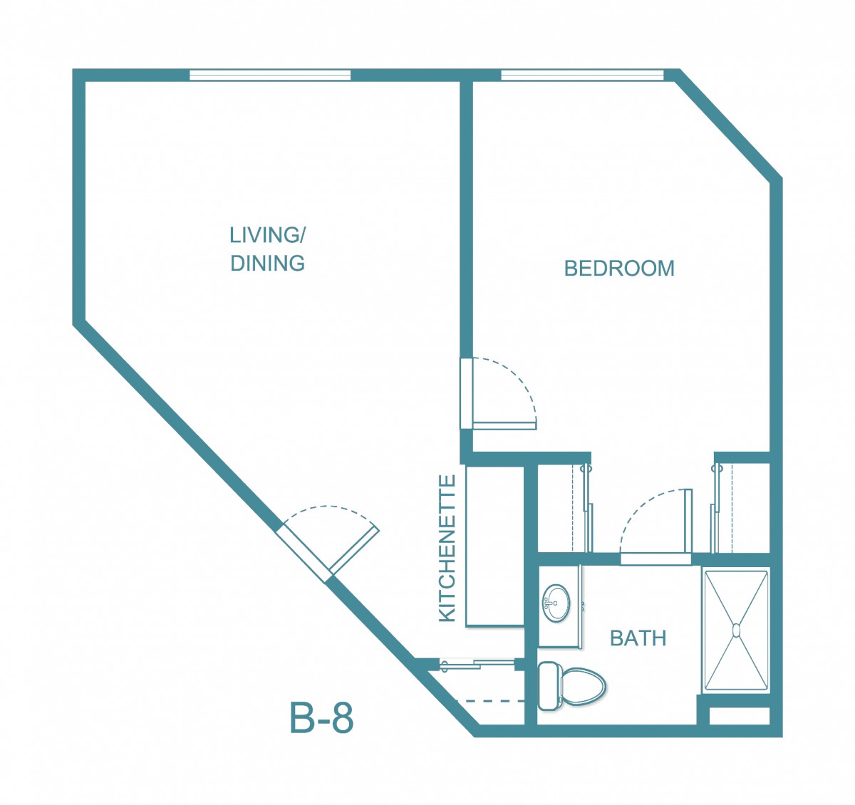 Floor plan of a one-bedroom apartment with a living/dining area, kitchenette, and bathroom.
